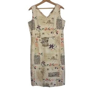 NWT Sun Moda Linen Blend Tan Floral Vacation Dress Travel Lagenlook Size Medium